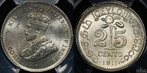 Ceylon 1911 25 Cent PCGS MS64