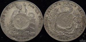Guatemala 1894 1 Peso on 1884 Peru Sol Host