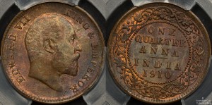 India 1910(c) 1/4 Anna PCGS MS63RB