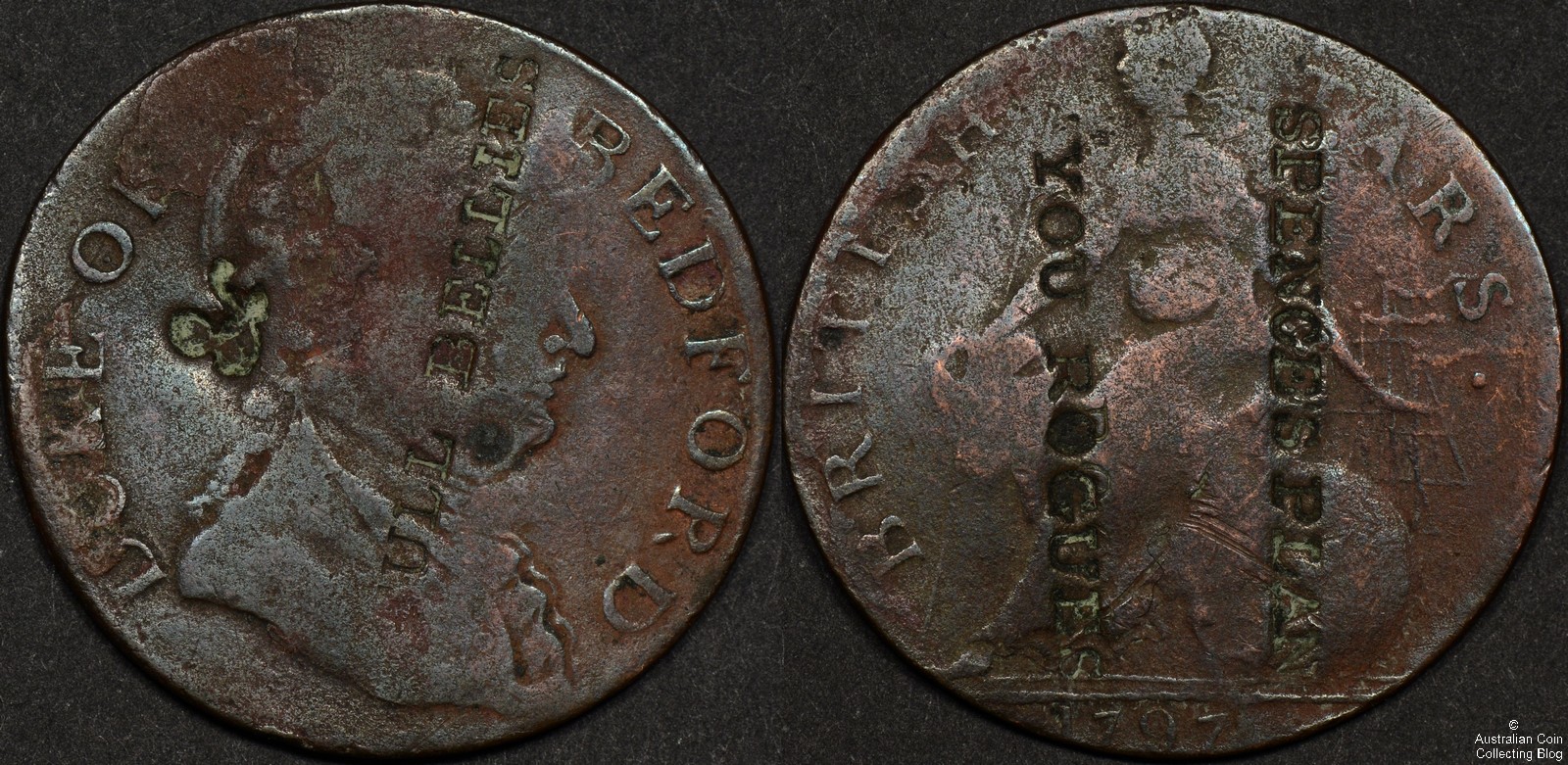 Counterfeit 1797 British Halfpenny with Counterstamps : r/coins