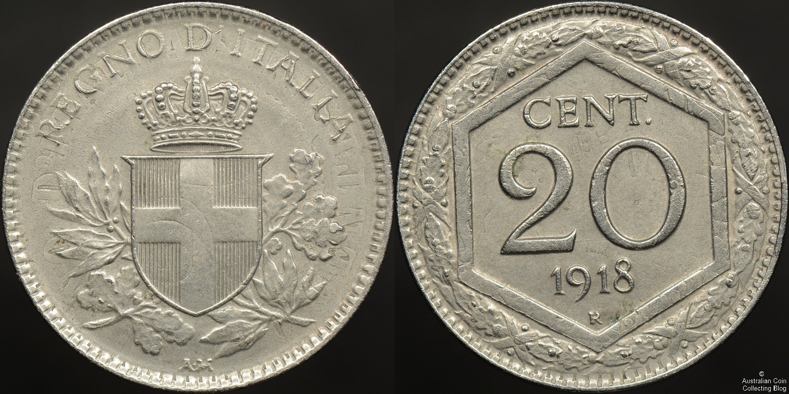 Italy 1918R 20c struck on 1894KB 20 Centesimo