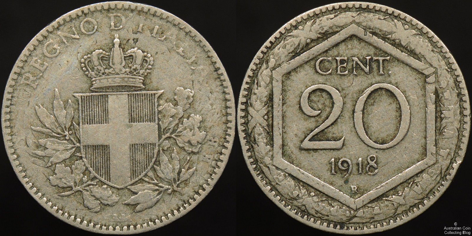 Italy 1918R 20c overstruck on 1894KB 20c