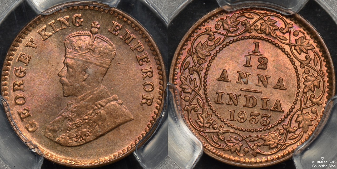 India 1933 (c) 1/12 Anna PCGS MS66RB
