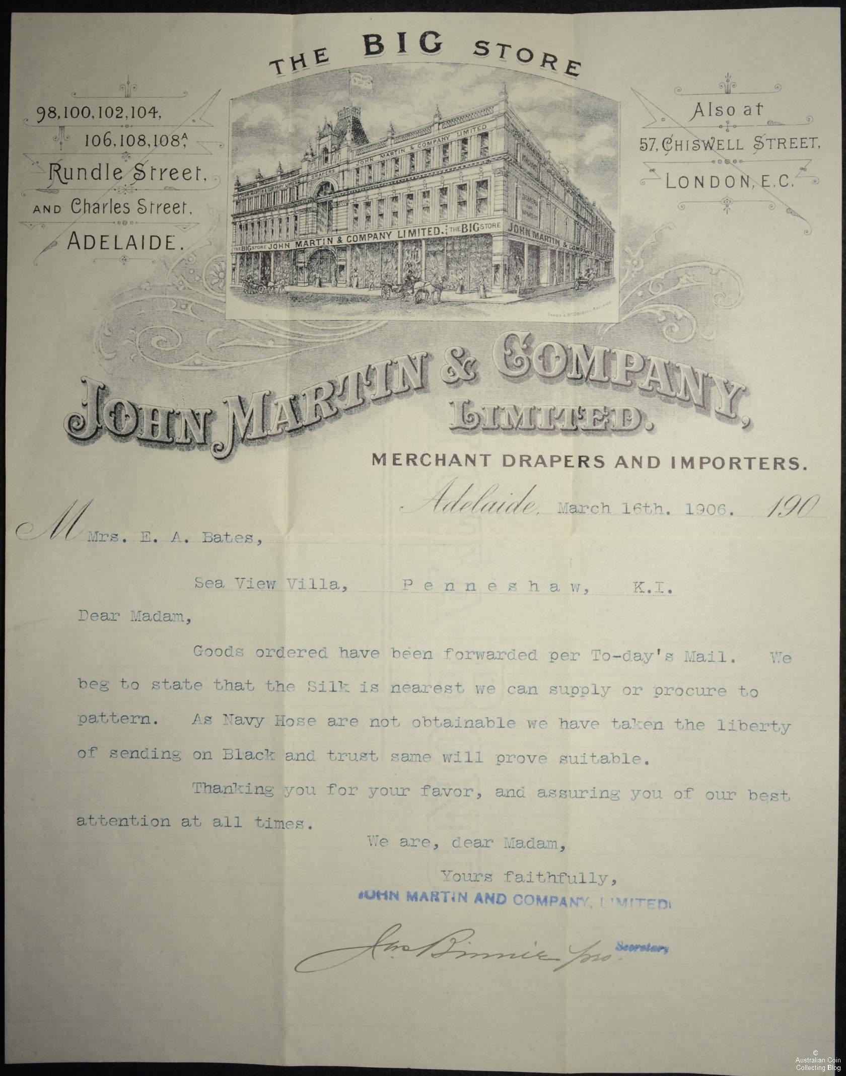 John Martin Letter to Mrs E A Bates 1906