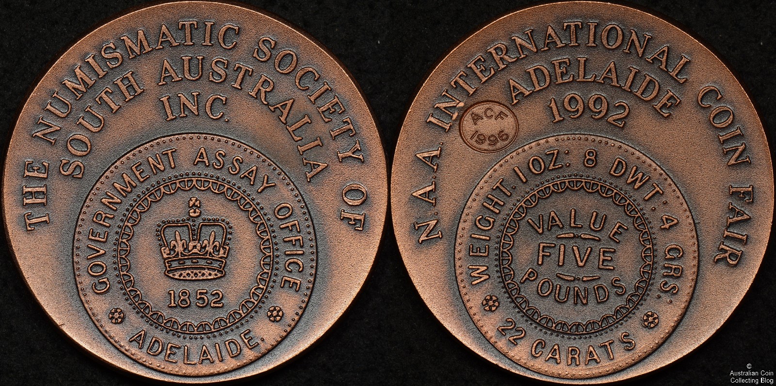 1992 NAA International Coin Fair Adelaide Medal ACF 1996 Counterstamp