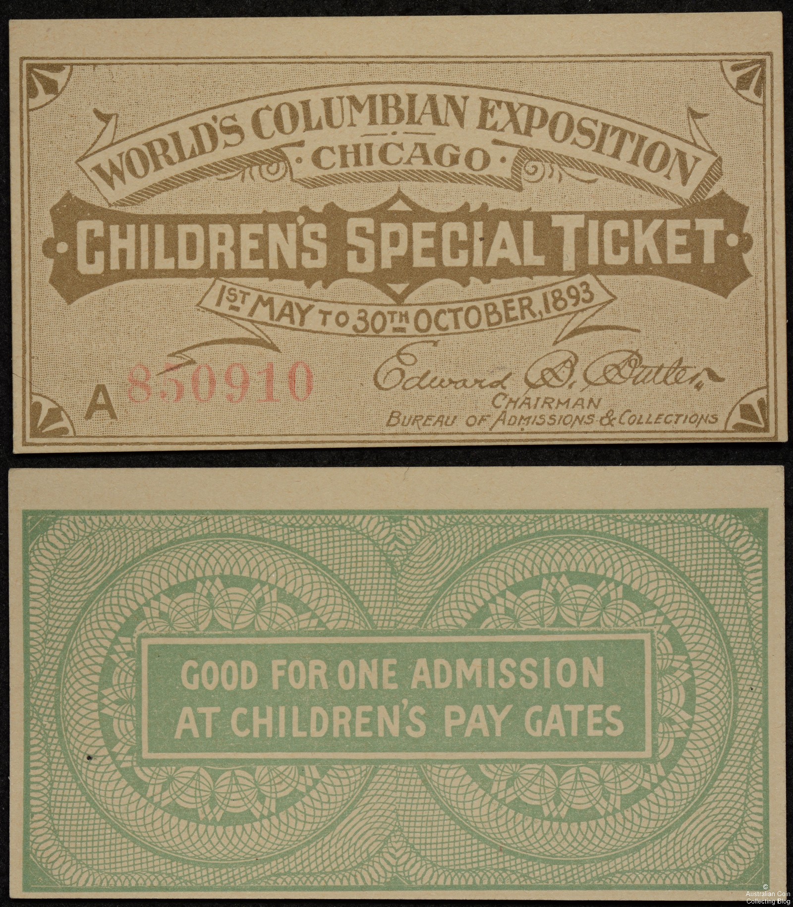 1893 World’s Columbian Exposition Children’s Special Ticket