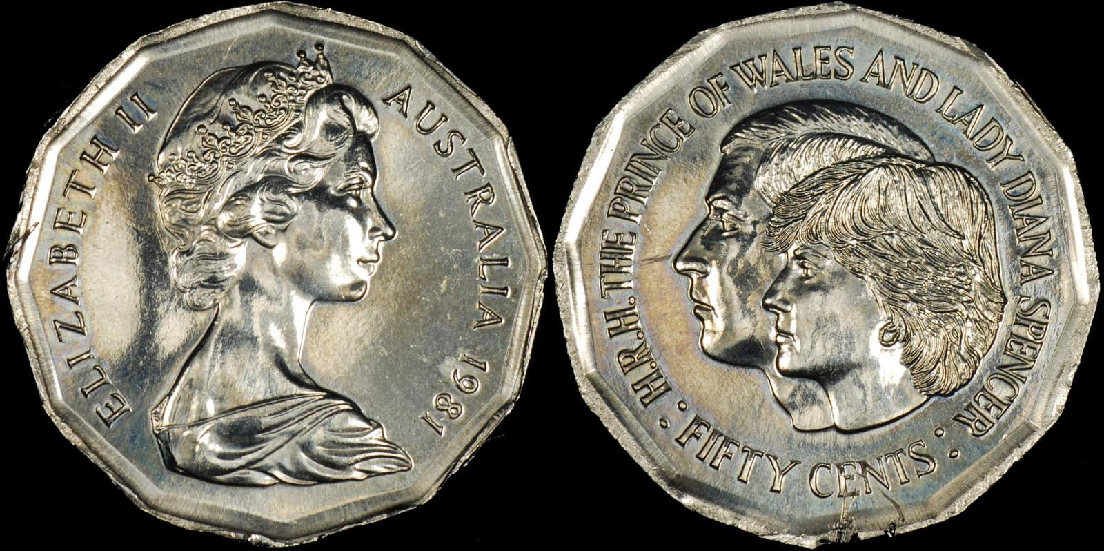 Australia 1981 Charles and Diana 50 cent Out of Collar Error