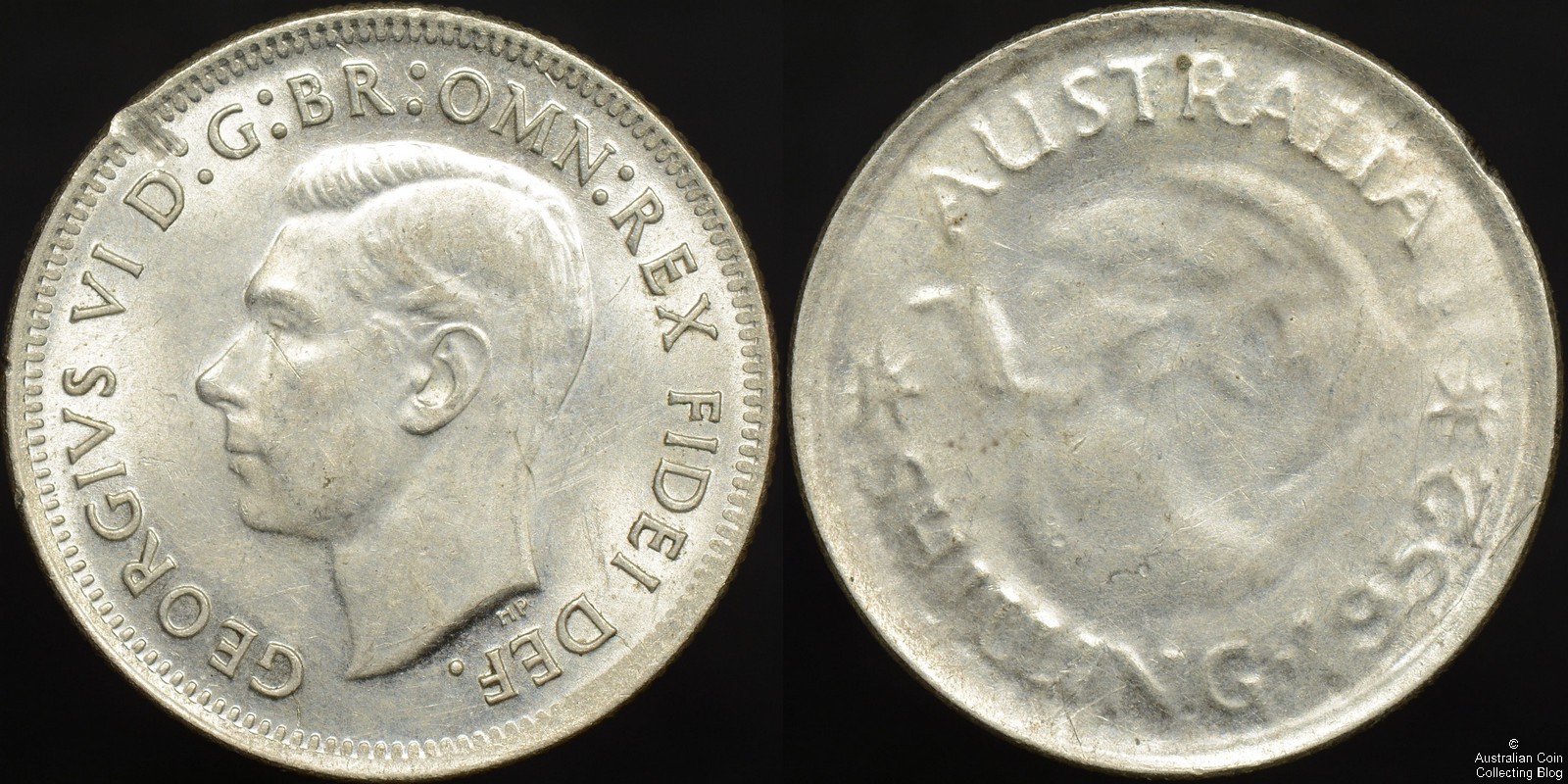 Australia 1952 Shilling Struck Through A Die Cap Error