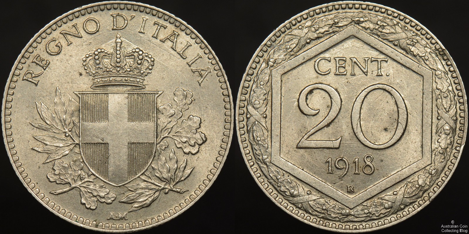 Italy 1918R 20 Centesimo Overstruck KM#28