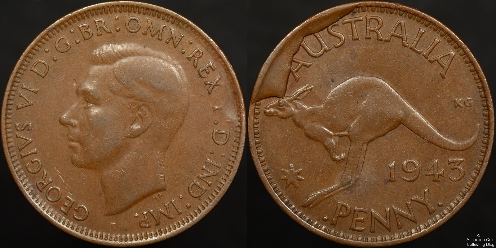 Australia 1943I Penny Large Reverse Cud Variety