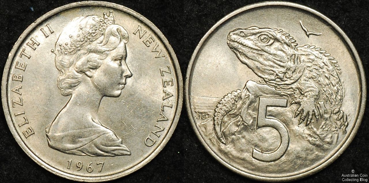 New Zealand 1967 5 Cent No Sea Variety
