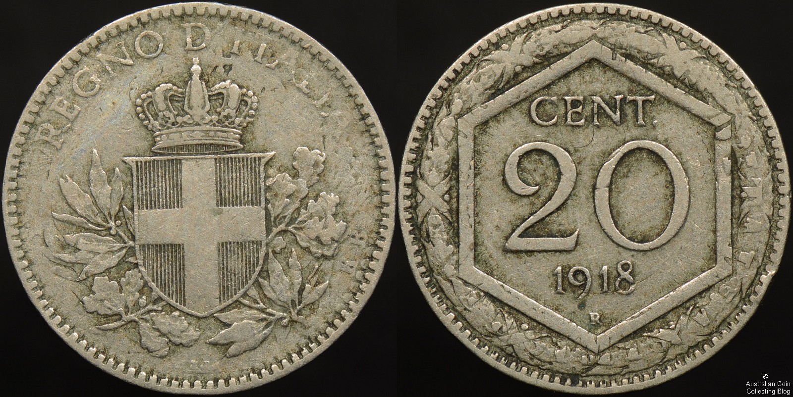 Italy 1918R 20 Centesimo Overstruck on 1894KB 20 Centesimo