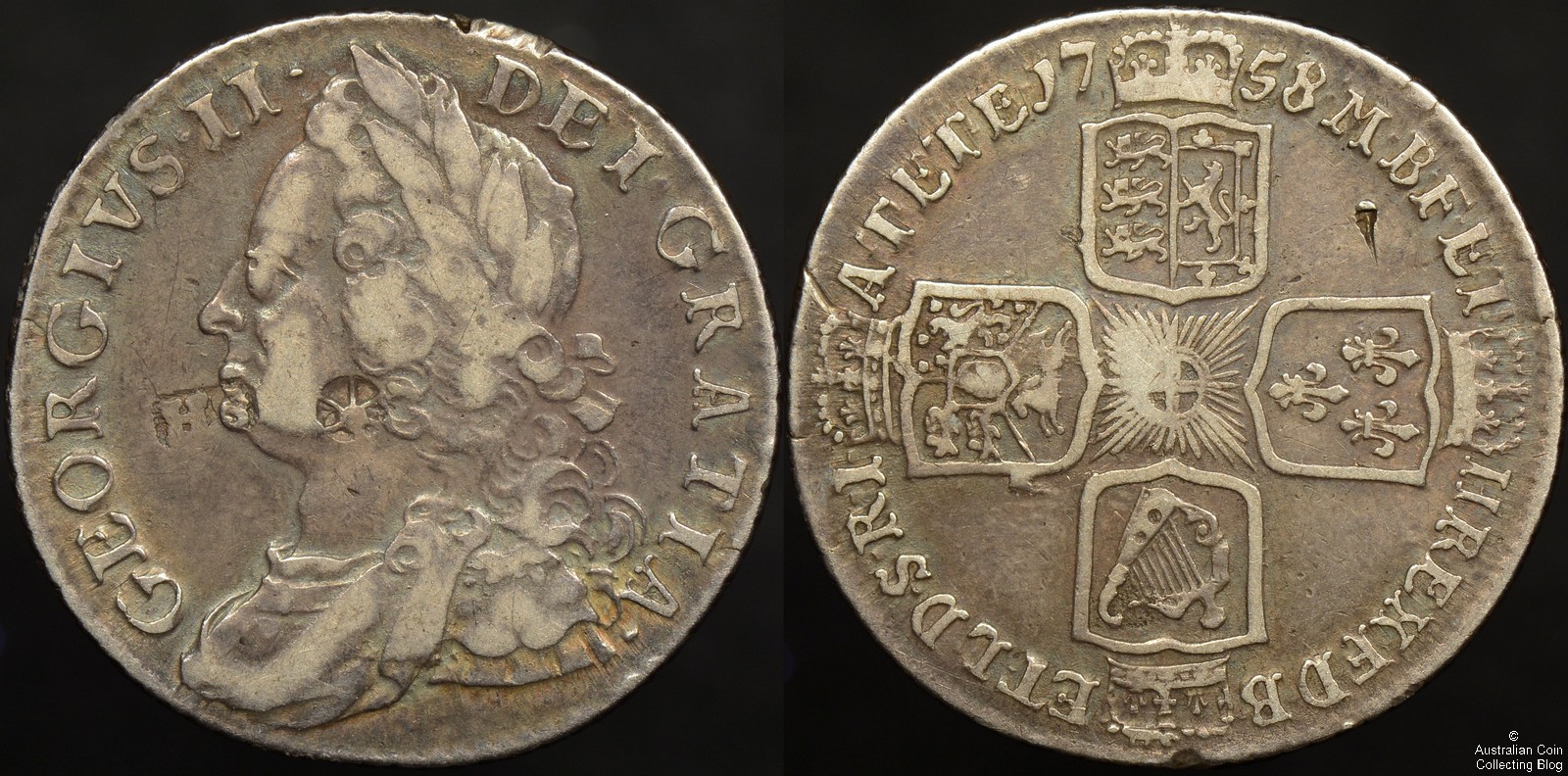 Great Britain 1758 Shilling with HS & Star / Wheel Countermark