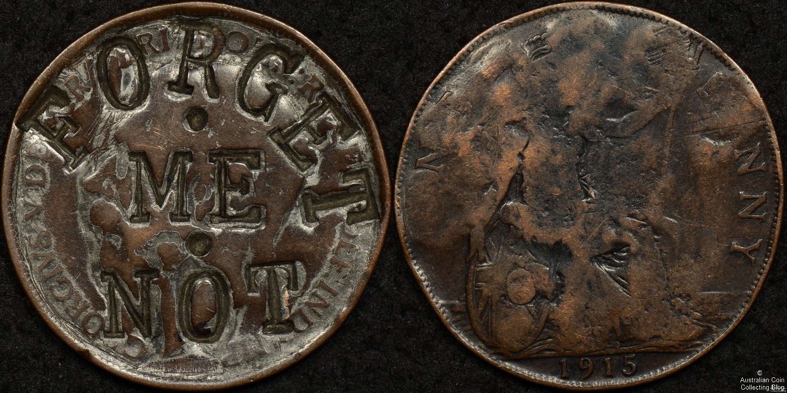 Probably WW1 Forget Me Not Penny on 1915 British Penny