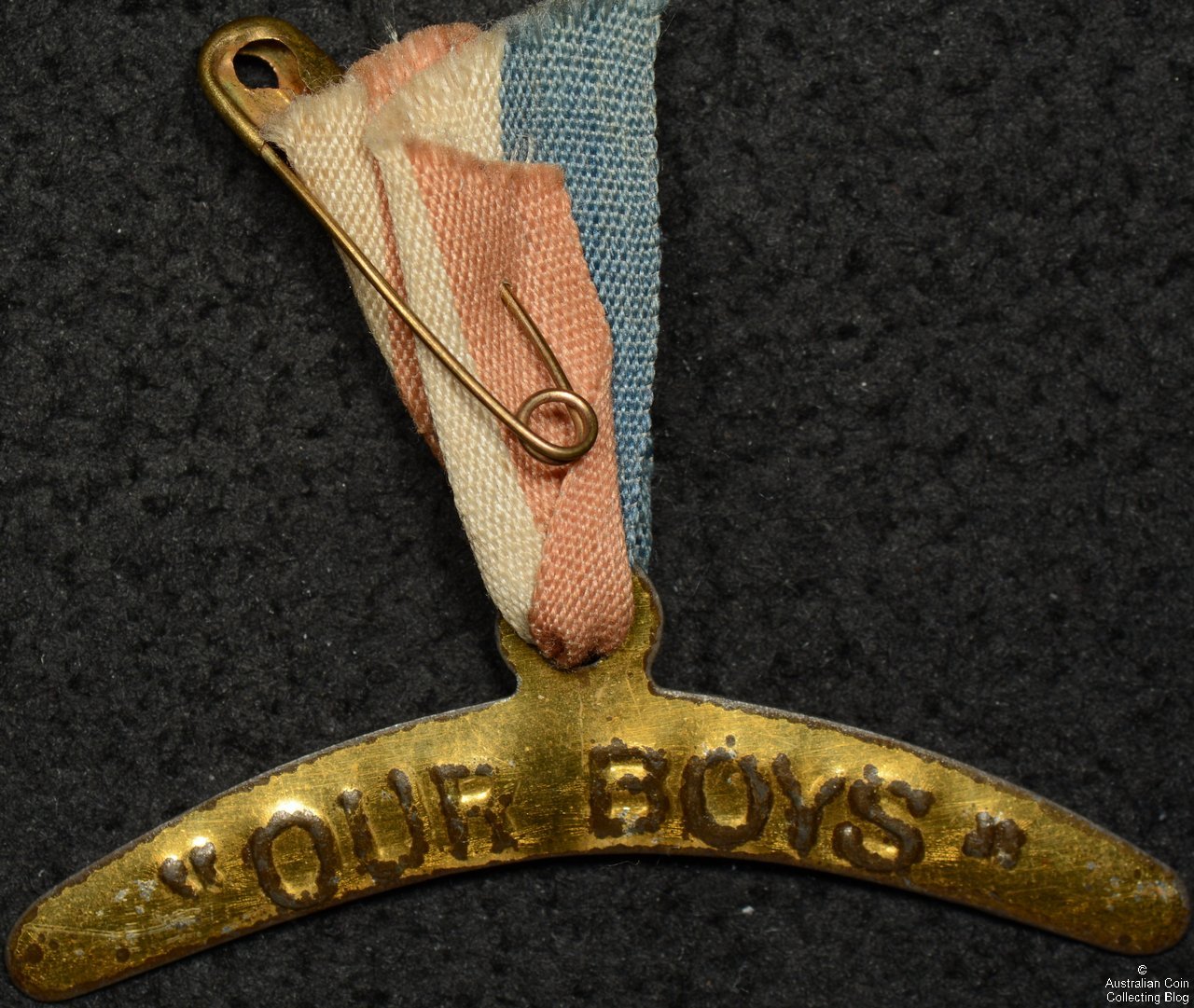 “Our Boys” Boomerang Shaped Pin and Ribbon