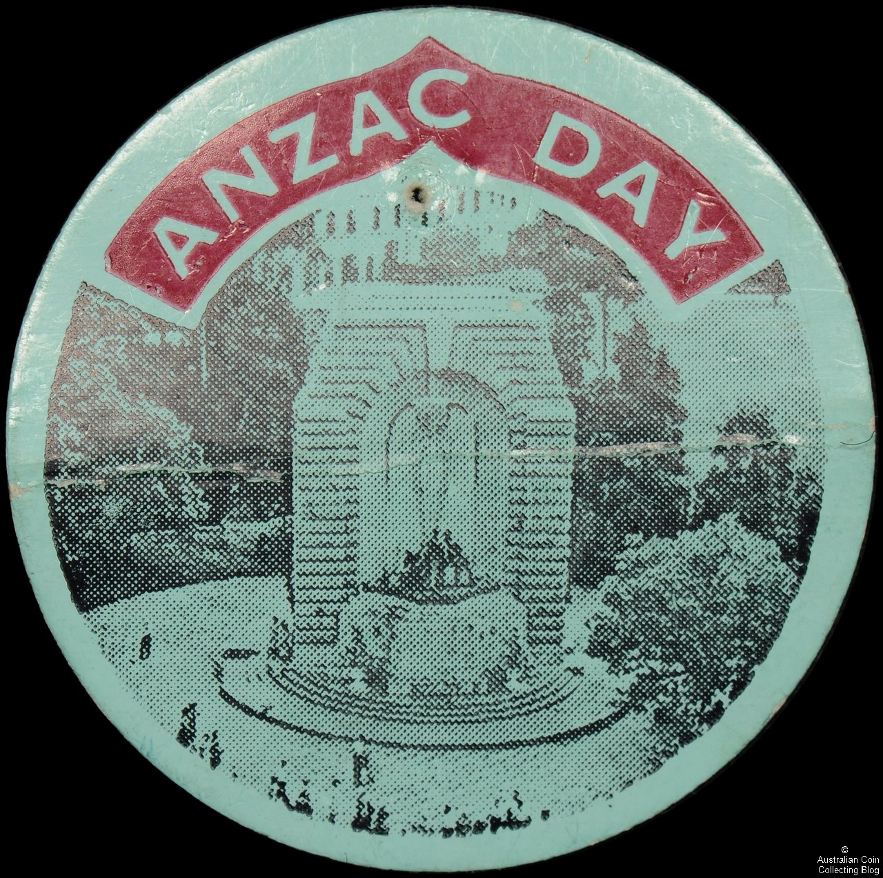 Circular ANZAC DAY Cellulloid Badge with Adelaide War Memorial