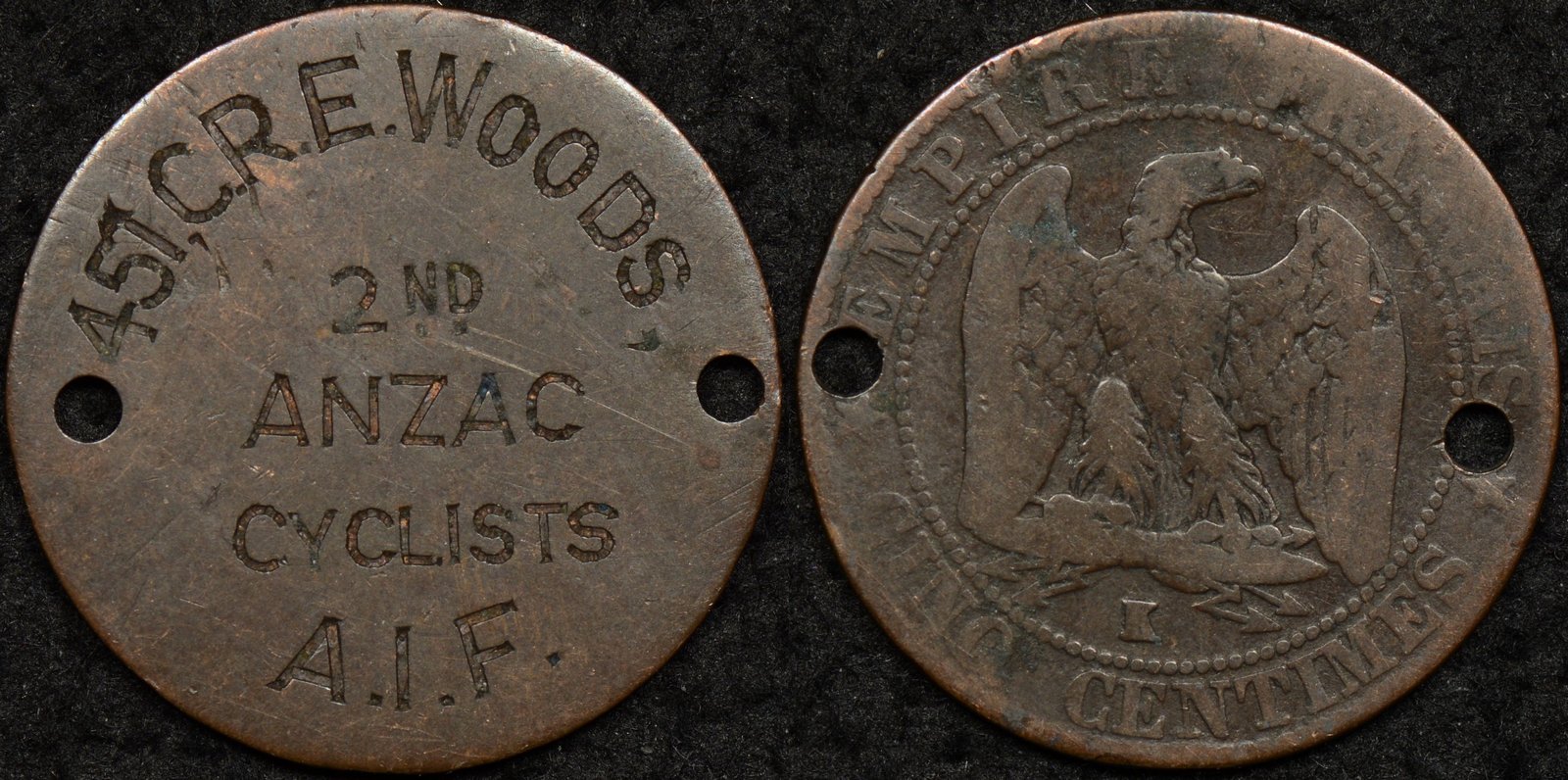 Australian World War 1 Identity Disk – C.R.E Woods 457