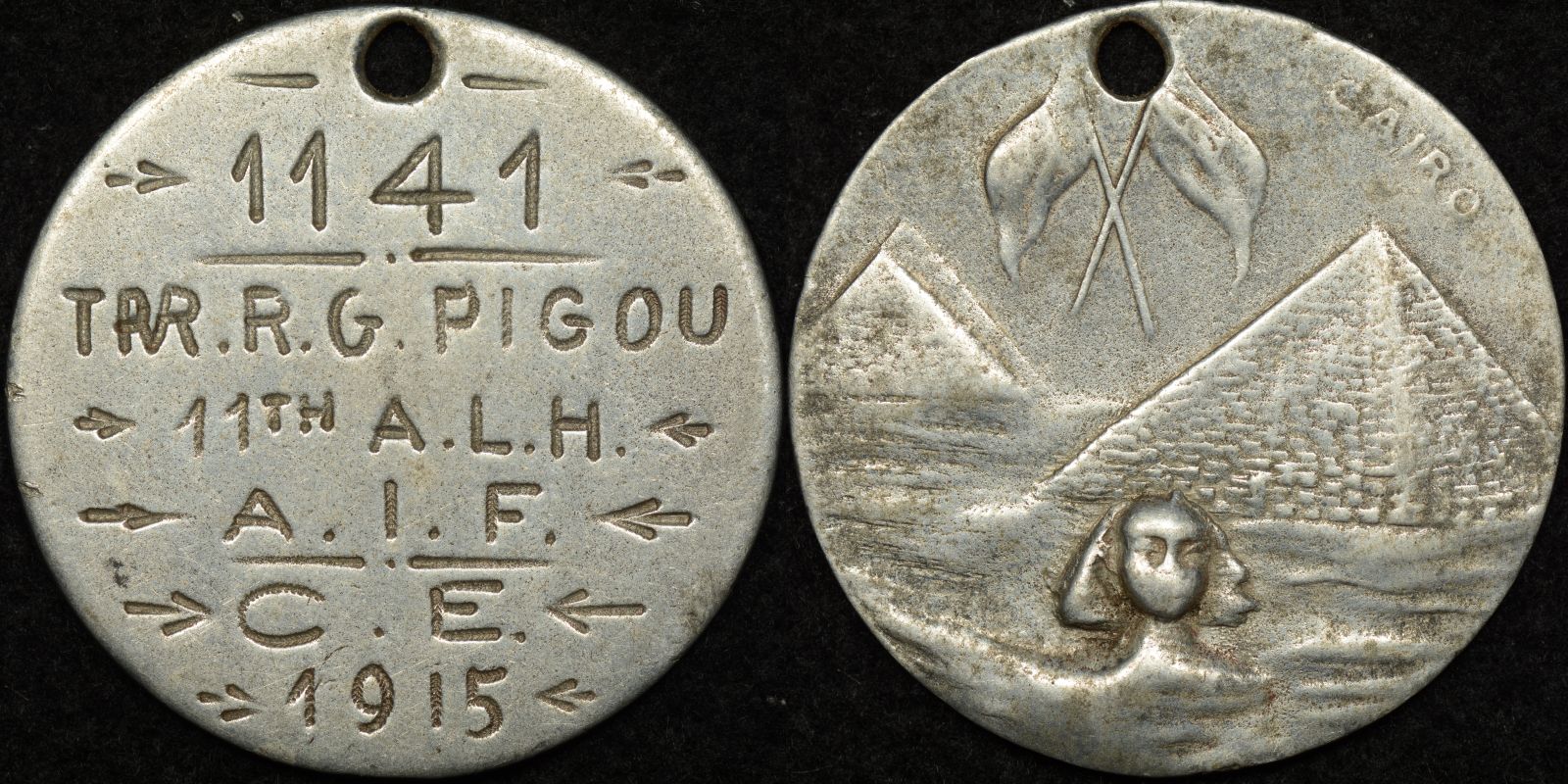 Australian World War 1 Army Identity Tag – R.G. Pigou 1141