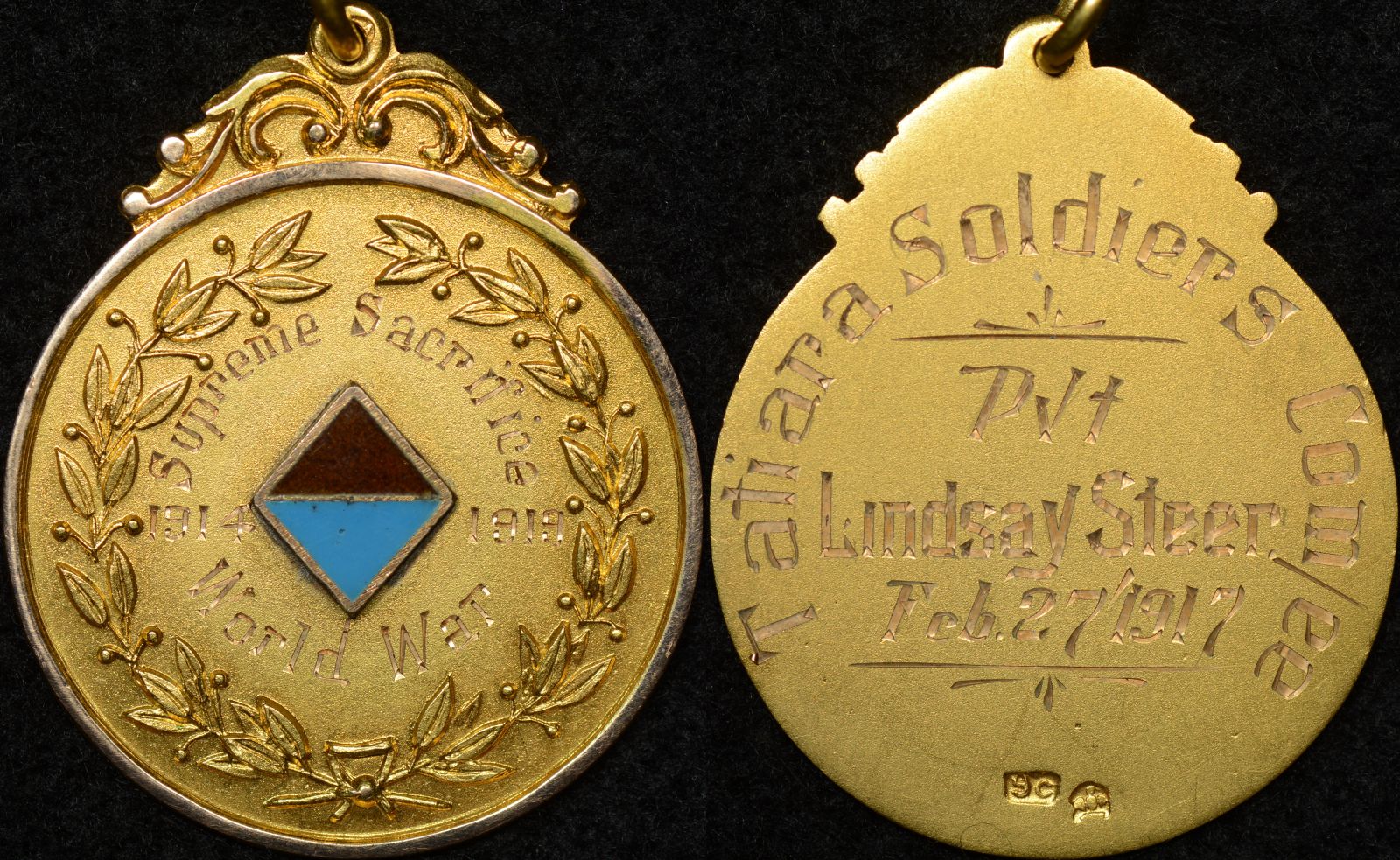 Australia 9ct WW1 Memorial Fob – Pvt Lindsay Steer 2482